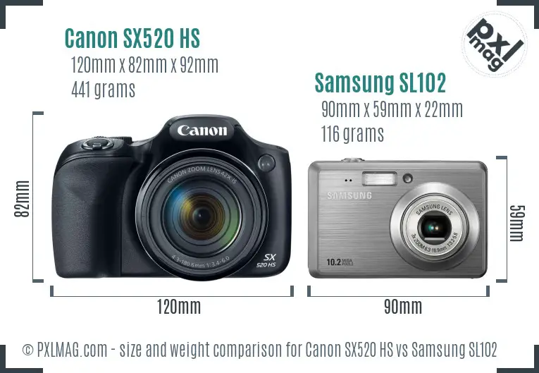 Canon SX520 HS vs Samsung SL102 size comparison