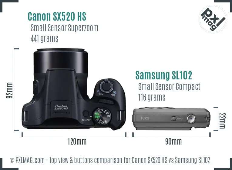 Canon SX520 HS vs Samsung SL102 top view buttons comparison