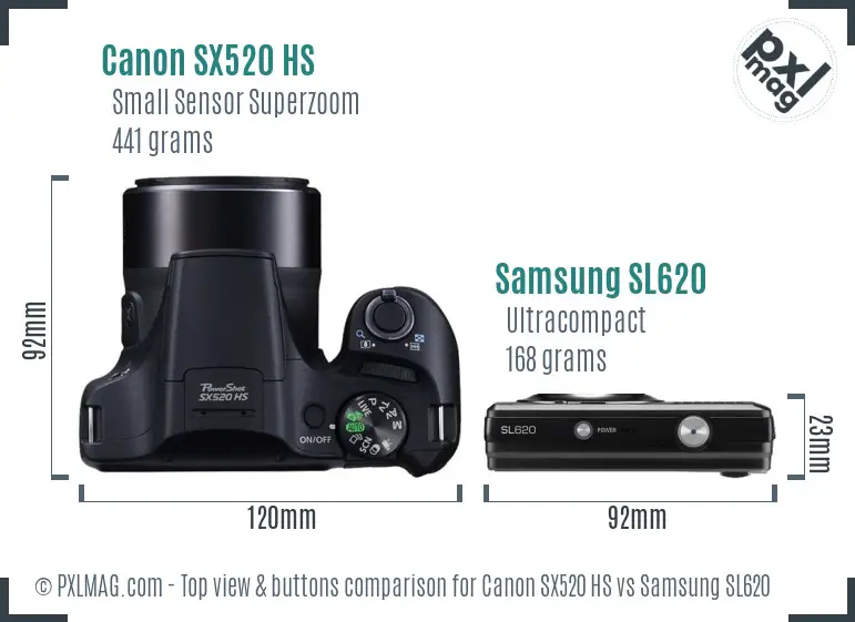 Canon SX520 HS vs Samsung SL620 top view buttons comparison