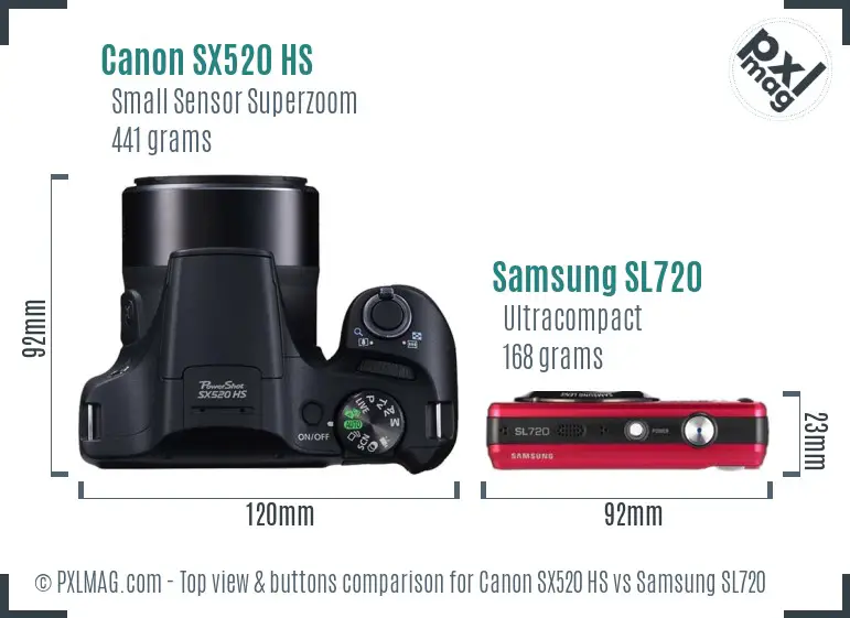 Canon SX520 HS vs Samsung SL720 top view buttons comparison Canon SX520 HS vs Samsung SL720 top view buttons comparison