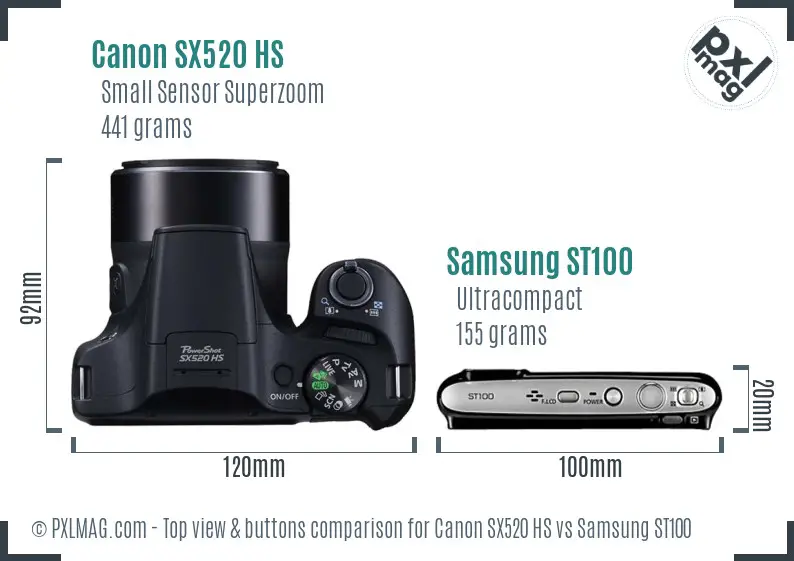 Canon SX520 HS vs Samsung ST100 top view buttons comparison Canon SX520 HS vs Samsung ST100 top view buttons comparison