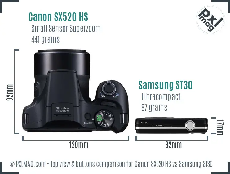 Canon SX520 HS vs Samsung ST30 top view buttons comparison