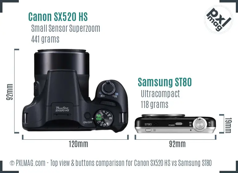Canon SX520 HS vs Samsung ST80 top view buttons comparison Canon SX520 HS vs Samsung ST80 top view buttons comparison