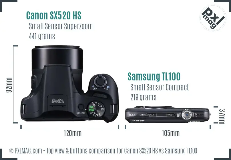 Canon SX520 HS vs Samsung TL100 top view buttons comparison