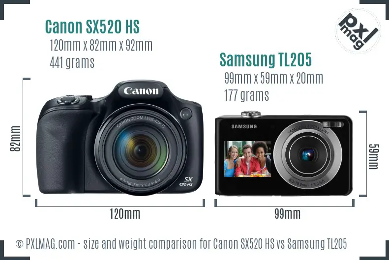 Canon SX520 HS vs Samsung TL205 size comparison