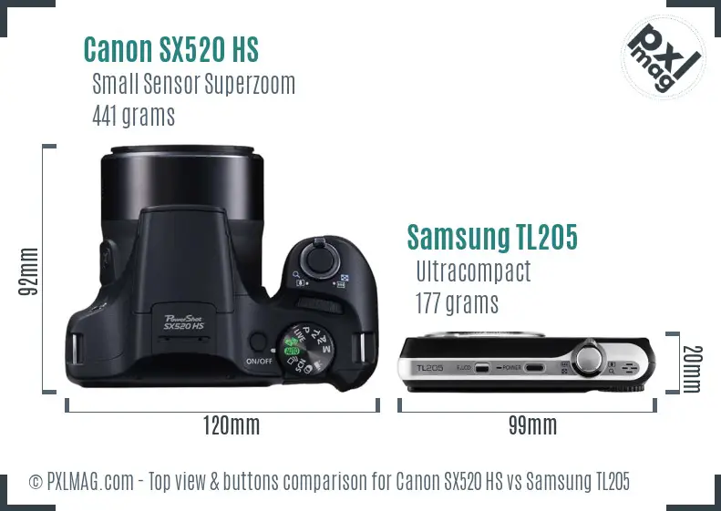 Canon SX520 HS vs Samsung TL205 top view buttons comparison