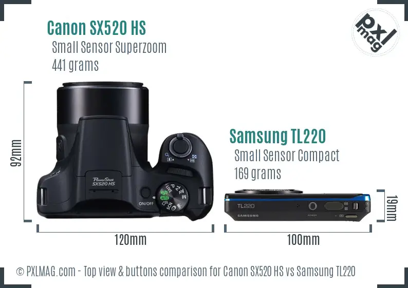 Canon SX520 HS vs Samsung TL220 top view buttons comparison