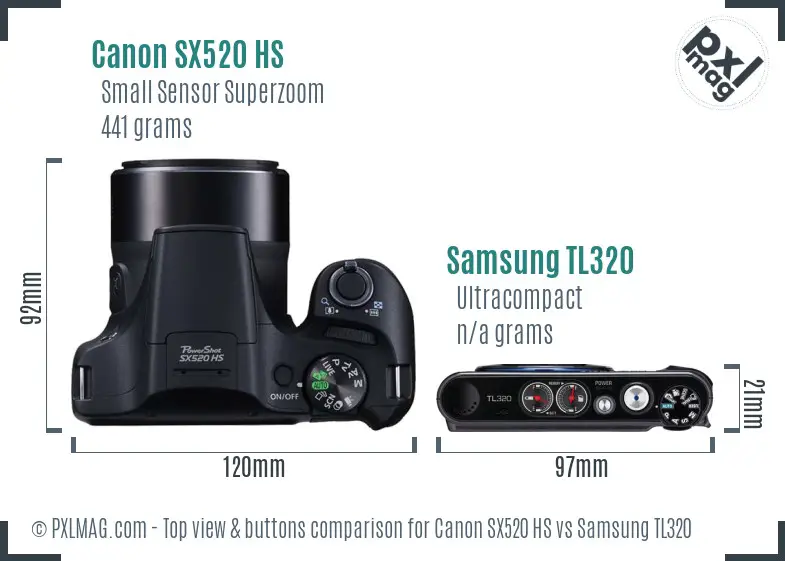 Canon SX520 HS vs Samsung TL320 top view buttons comparison Canon SX520 HS vs Samsung TL320 top view buttons comparison