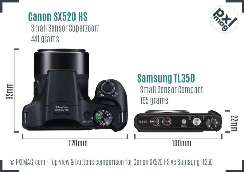 Canon SX520 HS vs Samsung TL350 top view buttons comparison