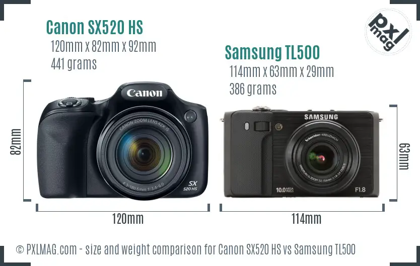 Canon SX520 HS vs Samsung TL500 size comparison