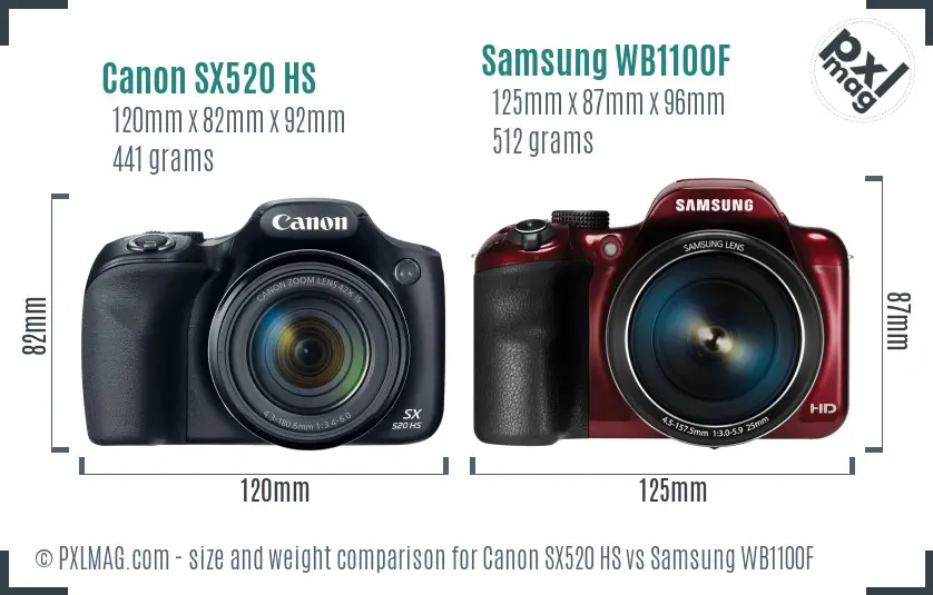 Canon SX520 HS vs Samsung WB1100F size comparison