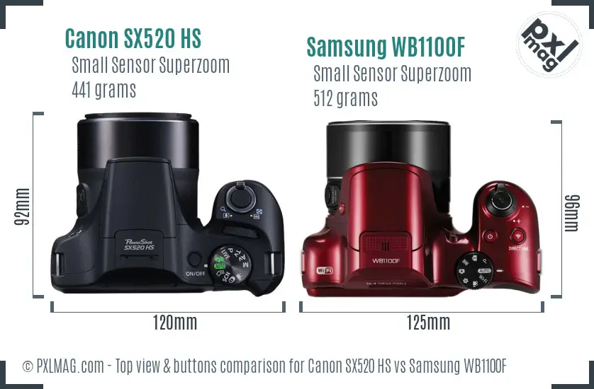 Canon SX520 HS vs Samsung WB1100F top view buttons comparison