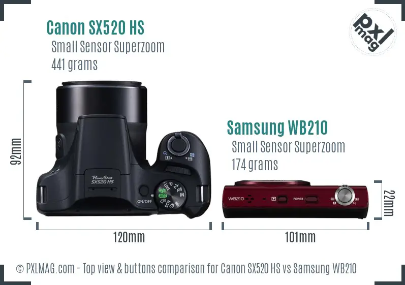 Canon SX520 HS vs Samsung WB210 top view buttons comparison