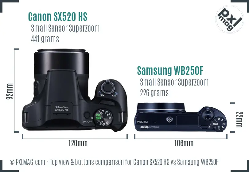 Canon SX520 HS vs Samsung WB250F top view buttons comparison