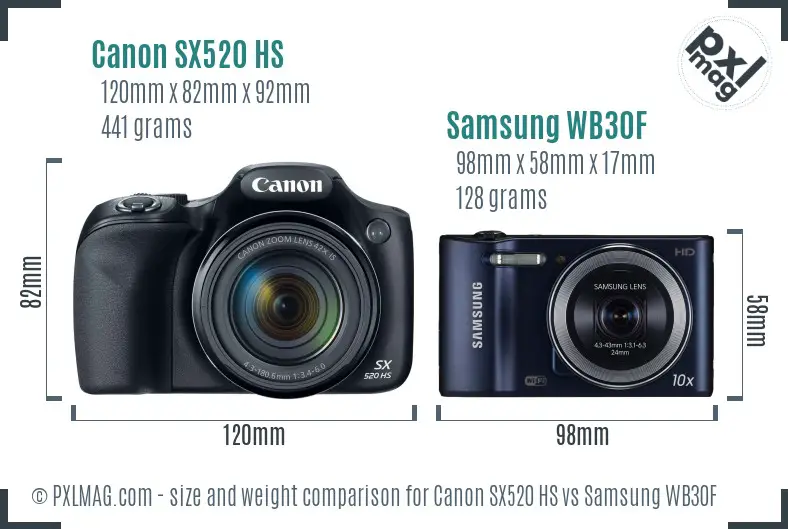Canon SX520 HS vs Samsung WB30F size comparison
