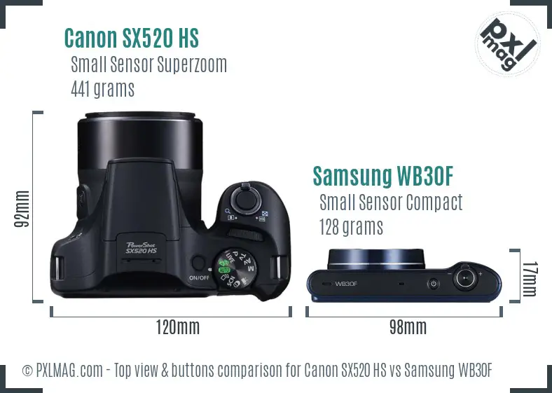 Canon SX520 HS vs Samsung WB30F top view buttons comparison