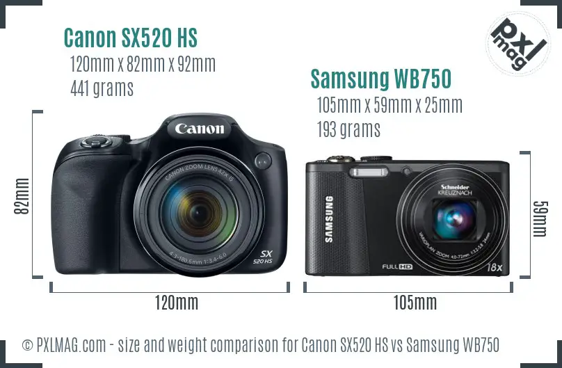 Canon SX520 HS vs Samsung WB750 size comparison