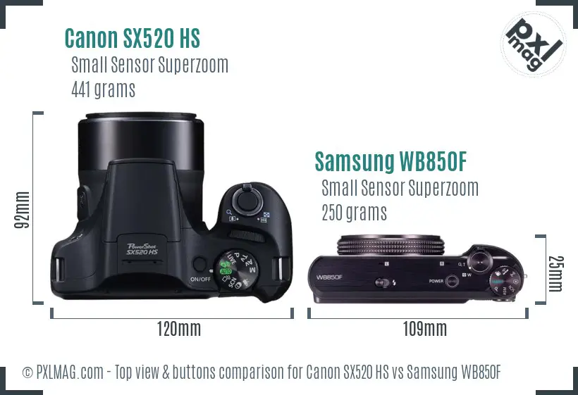 Canon SX520 HS vs Samsung WB850F top view buttons comparison