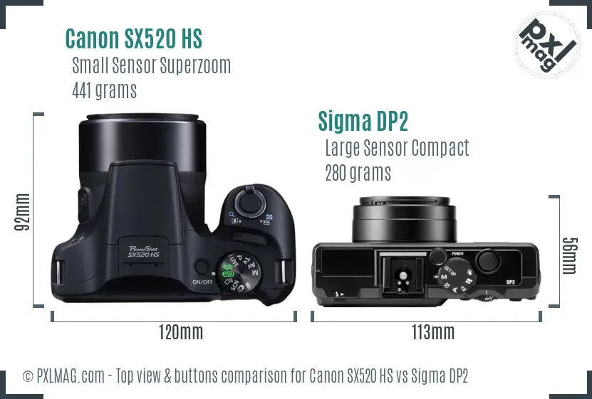 Canon SX520 HS vs Sigma DP2 top view buttons comparison