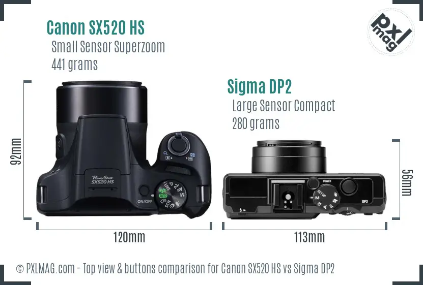 Canon SX520 HS vs Sigma DP2 top view buttons comparison Canon SX520 HS vs Sigma DP2 top view buttons comparison