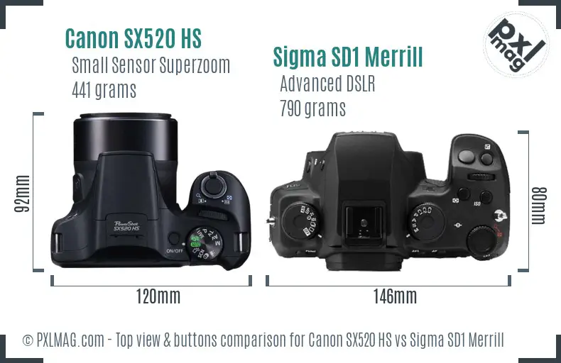 Canon SX520 HS vs Sigma SD1 Merrill top view buttons comparison