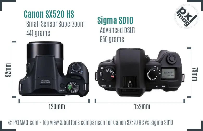 Canon SX520 HS vs Sigma SD10 top view buttons comparison