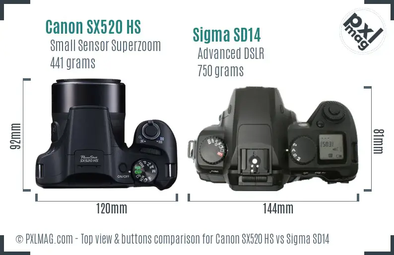 Canon SX520 HS vs Sigma SD14 top view buttons comparison Canon SX520 HS vs Sigma SD14 top view buttons comparison