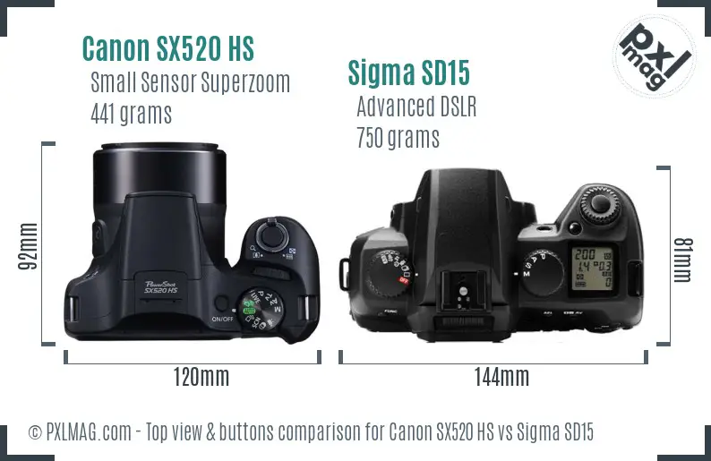 Canon SX520 HS vs Sigma SD15 top view buttons comparison