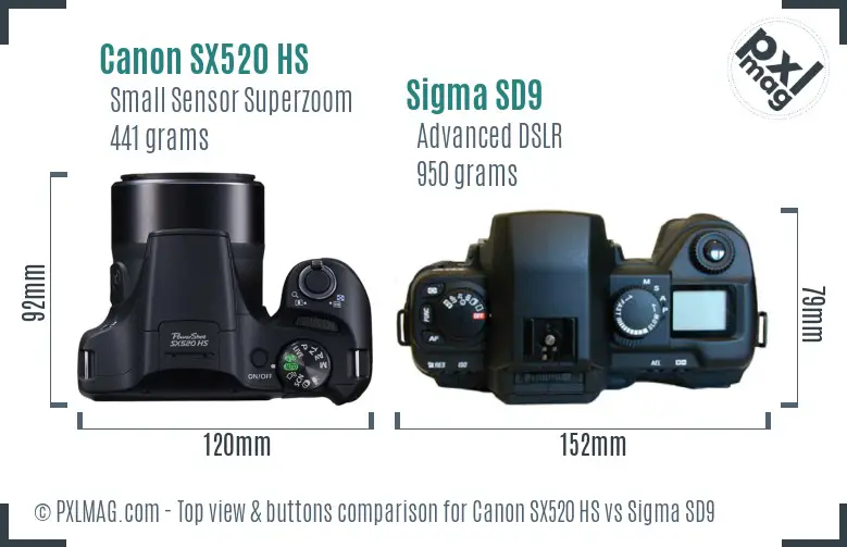 Canon SX520 HS vs Sigma SD9 top view buttons comparison