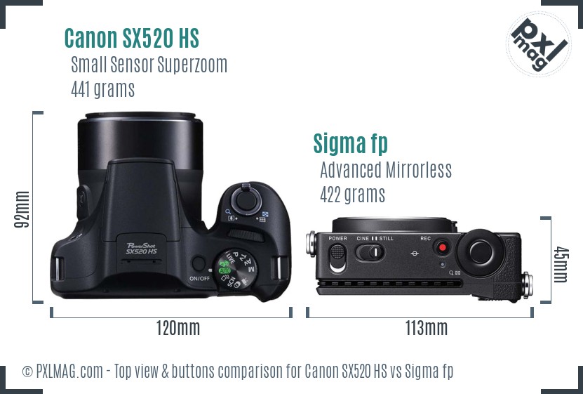 Canon SX520 HS vs Sigma fp top view buttons comparison