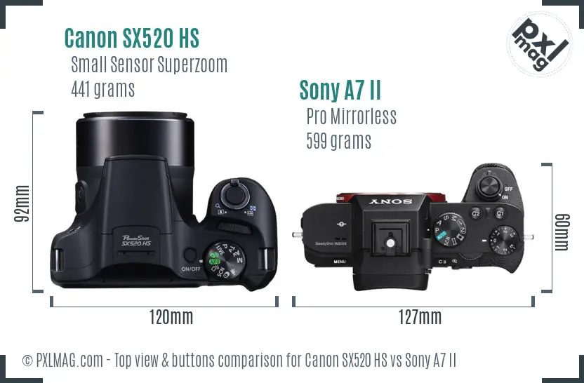 Canon SX520 HS vs Sony A7 II top view buttons comparison