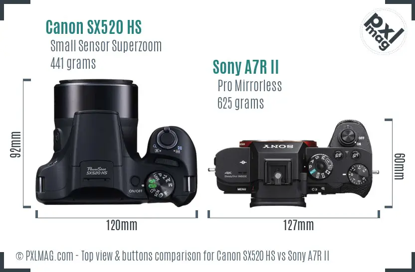 Canon SX520 HS vs Sony A7R II top view buttons comparison