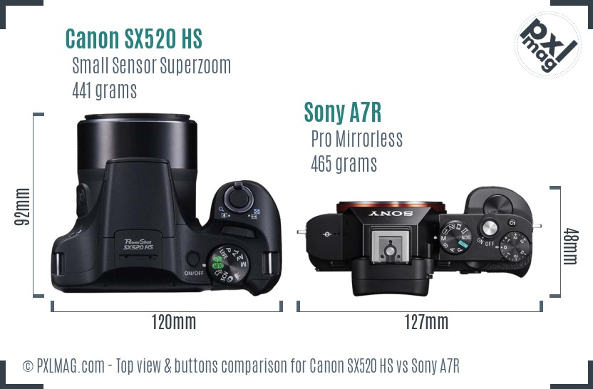 Canon SX520 HS vs Sony A7R top view buttons comparison