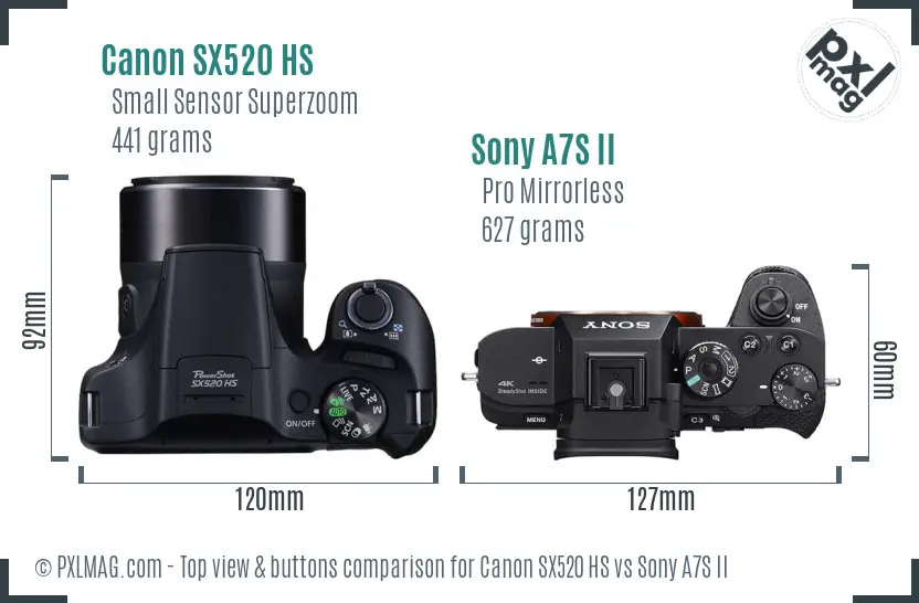 Canon SX520 HS vs Sony A7S II top view buttons comparison