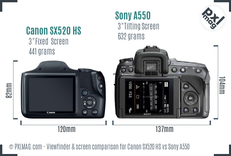 Canon SX520 HS vs Sony A550 Screen and Viewfinder comparison