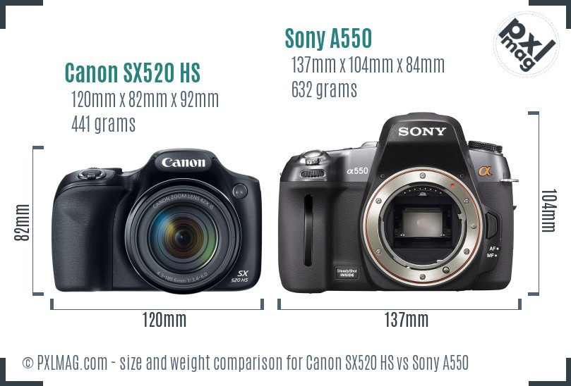 Canon SX520 HS vs Sony A550 size comparison