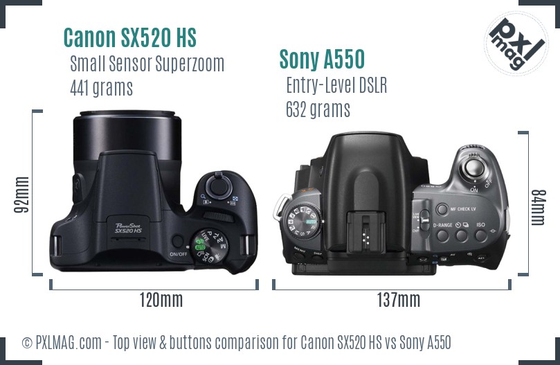 Canon SX520 HS vs Sony A550 top view buttons comparison