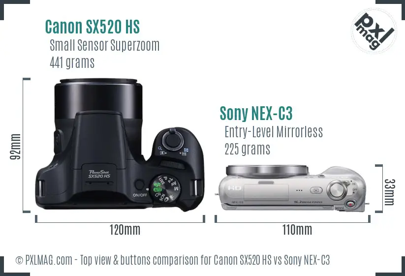 Canon SX520 HS vs Sony NEX-C3 top view buttons comparison Canon SX520 HS vs Sony NEX-C3 top view buttons comparison