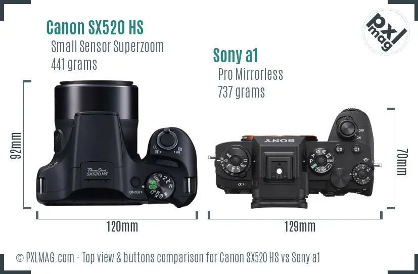 Canon SX520 HS vs Sony a1 top view buttons comparison