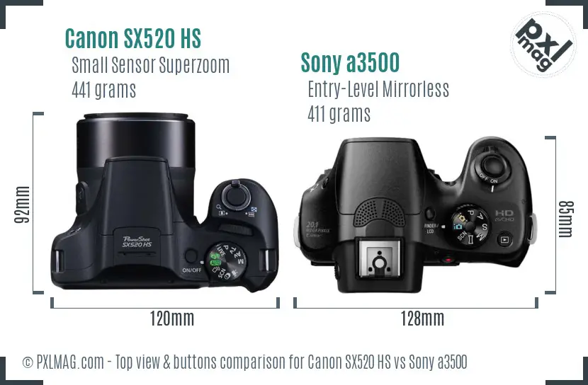 Canon SX520 HS vs Sony a3500 top view buttons comparison