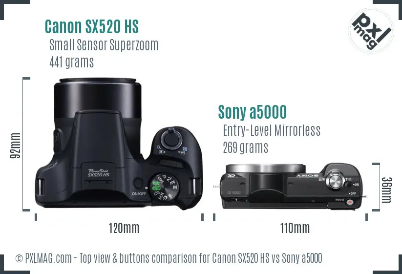 Canon SX520 HS vs Sony a5000 top view buttons comparison