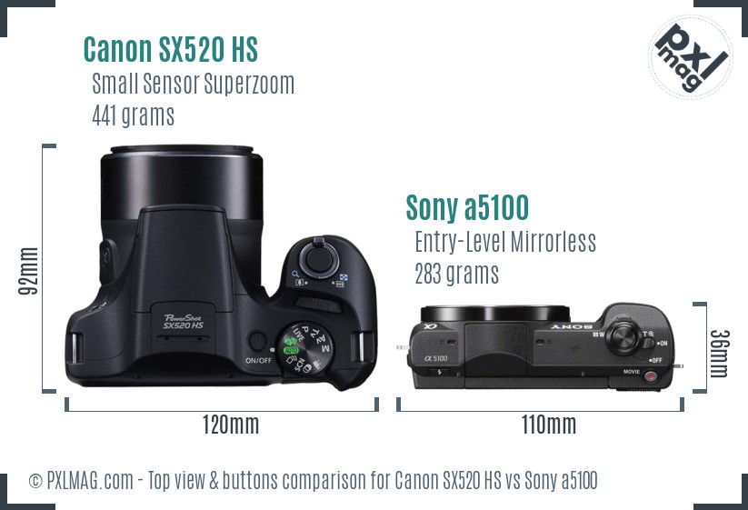 Canon SX520 HS vs Sony a5100 top view buttons comparison
