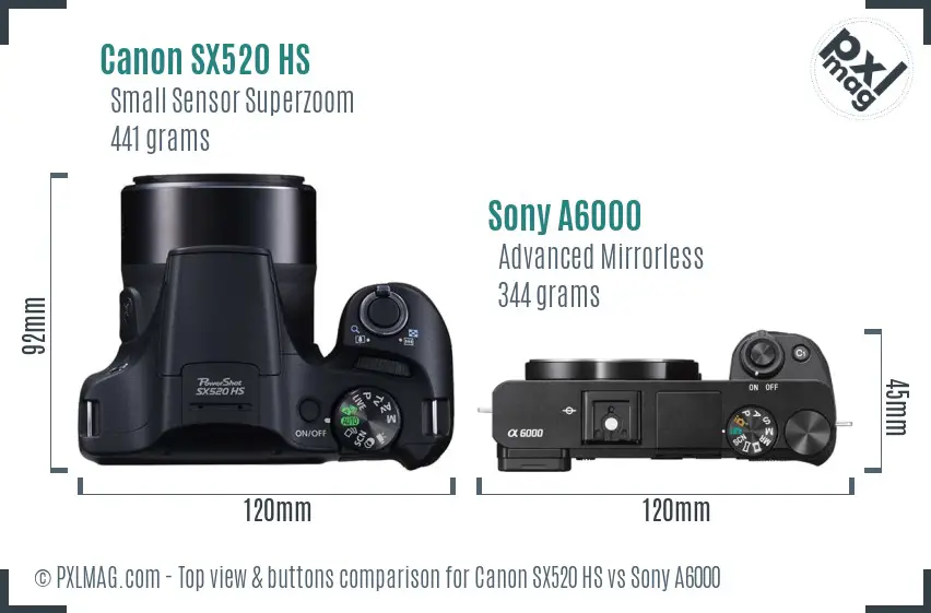 Canon SX520 HS vs Sony A6000 top view buttons comparison