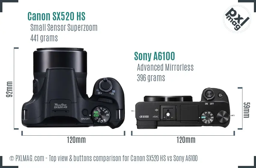 Canon SX520 HS vs Sony A6100 top view buttons comparison