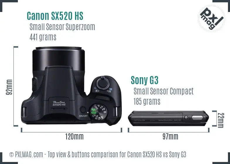 Canon SX520 HS vs Sony G3 top view buttons comparison Canon SX520 HS vs Sony G3 top view buttons comparison