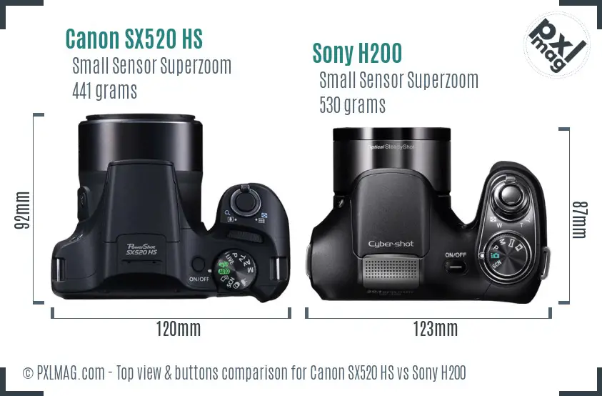 Canon SX520 HS vs Sony H200 top view buttons comparison