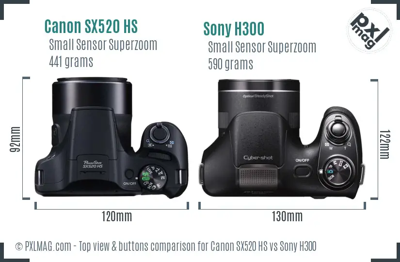 Canon SX520 HS vs Sony H300 top view buttons comparison Canon SX520 HS vs Sony H300 top view buttons comparison
