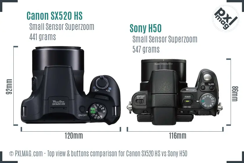 Canon SX520 HS vs Sony H50 top view buttons comparison