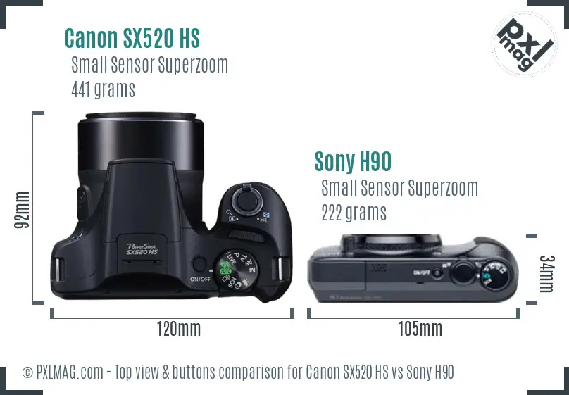 Canon SX520 HS vs Sony H90 top view buttons comparison