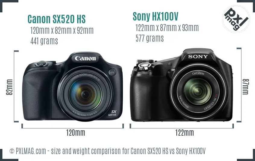 Canon SX520 HS vs Sony HX100V size comparison